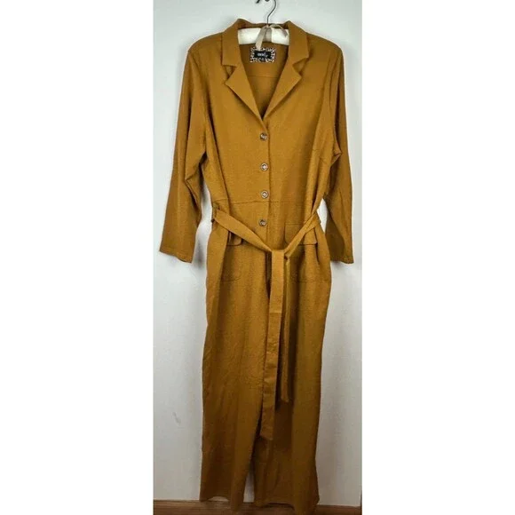 Mod X Womens 3X Mustard Belted Button Up Stretchy Jumpsuit - Picture 7 of 16